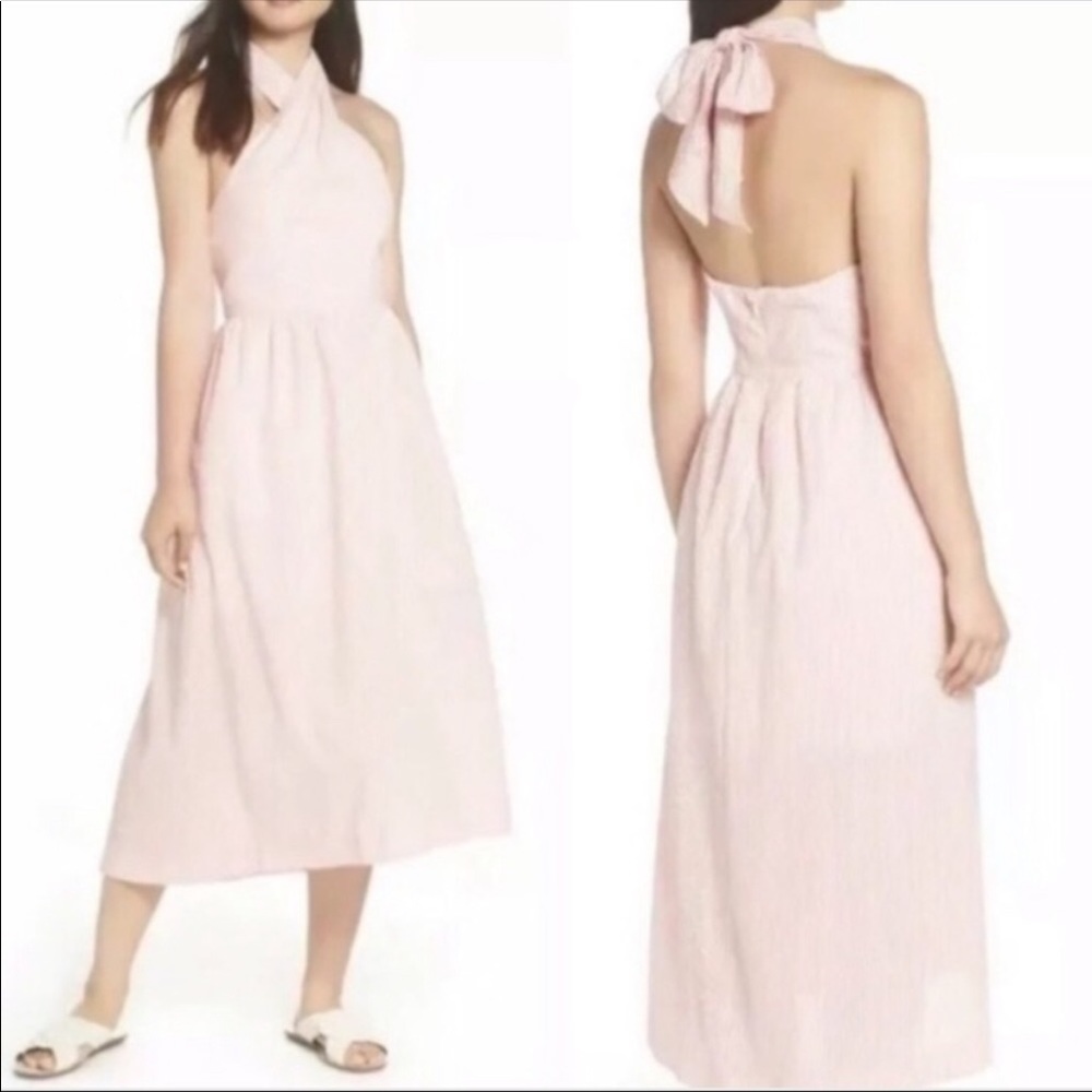 💝J.Crew Coral Midi Length Halter Pin Stripe Dress